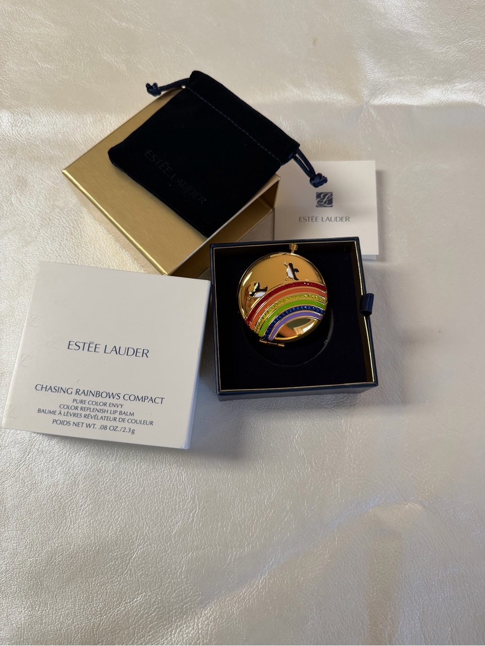 Estee Lauder Gold Tone Compact with Rainbow Enamel Accents
